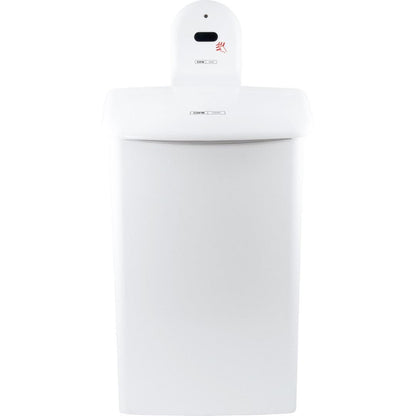 A white, rectangular, automatic trash can with a sensor area and hand symbol on the upper front, similar to the CWS ParadiseLine wall mount for hygiene box 575000 from CWS. Its lid is closed and its surface is smooth and clean.