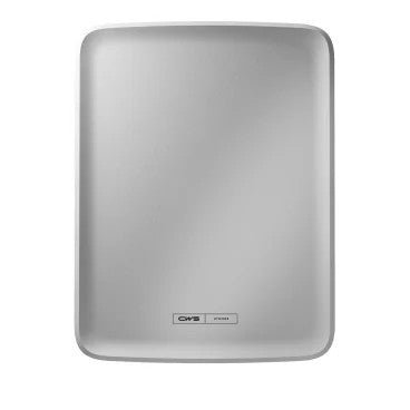 A rectangular, silver-colored CWS PureLine front panel for the Paperroll NT Hybrid dispenser, made of sturdy metal with slightly raised edges and a small logo on one side, photographed against a white background.