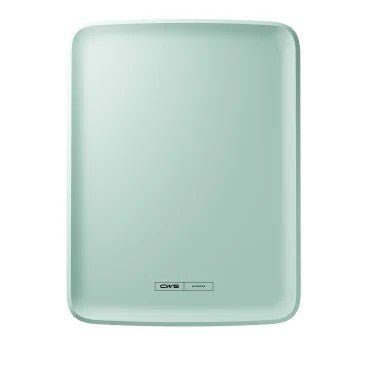 The rectangular, light green CWS PureLine front panel for the Paperroll NT Hybrid dispenser, with rounded edges, features a small black-and-white label in the center at the bottom bearing the words "DMS kitchen," which stands out against a plain white background.