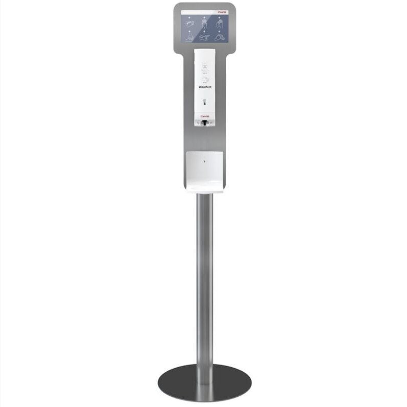 Eine freistehende CWS ParadiseLine Tropfschale, passend zu Disinfect NT, dient als Abtropfschale unterhalb der Desinfektionsmittelspenderstation mit Touchscreen-Aufsatz und rundem Metallfuß für eine hygienische Umgebung.