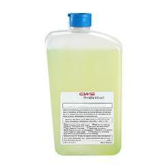 A clear plastic container with a blue lid contains CWS Cleanseat Power Disinfectant Liquid (1 piece). The white label is printed with text and the CWS logo, ensuring hygienic cleanliness.