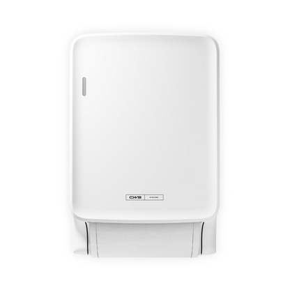 The CWS PureLine Dry fabric towel dispenser white (1 piece) from CWS is a white wall dispenser with a visible hanging towel and a small brand label on the front, ensuring optimal hygiene.