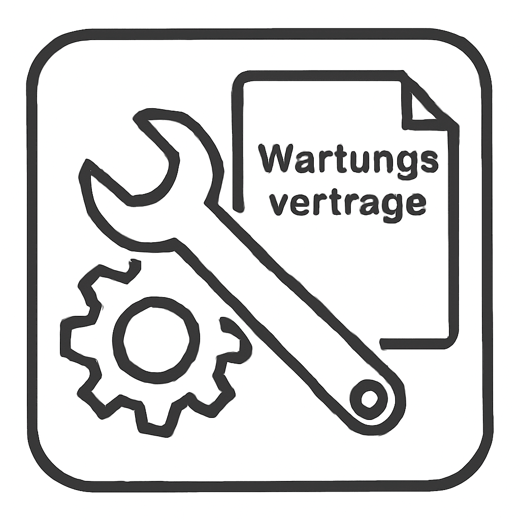 Ein schwarz-weißes Icon eines Schraubenschlüssels, eines Zahnrads und eines Dokuments mit der Aufschrift "Wartungsverträge" in einem abgerundeten Quadrat symbolisiert die hohe Effizienz des TASKI Ultimaxx 2900 IntelliCheck Basis-Wartungsvertrag von Diversey Deutschland GmbH & Co. OHG.