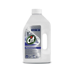 A 2-liter bottle of Cif Professional Kitchen Descaler features a blue-and-white label with the Cif logo, text, and symbols indicating its professional cleaning formula. This product from Diversey Deutschland GmbH & Co. OHG is perfect for removing limescale in the kitchen and has a side handle for easy handling.
