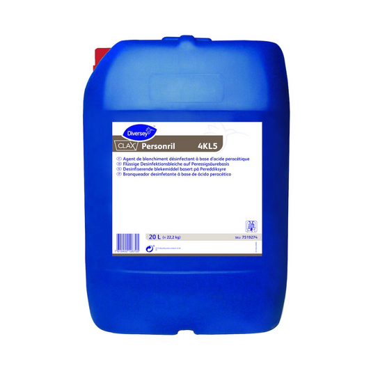 Ein blauer Kunststoffbehälter mit Diversey Clax Personril 4KL5 Waschmittel, geeignet für gewerbliche Wäscherei, mit einem Fassungsvermögen von 20 Litern. Das Etikett zeigt Produktinformationen, einschließlich Logos und ein