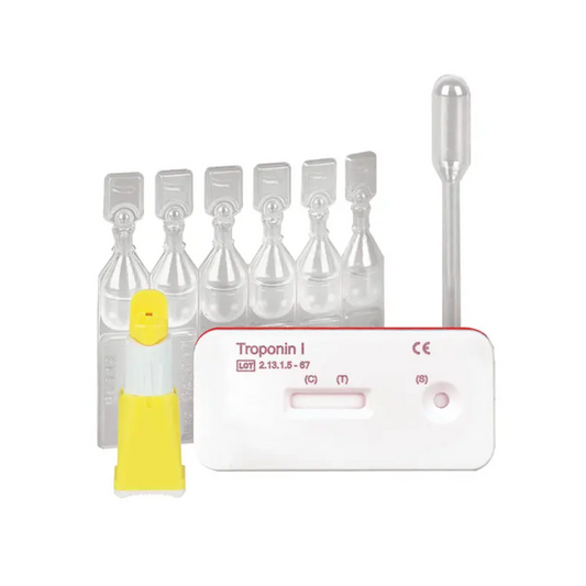 Ein Servoprax Cleartest® Troponin I Vollblut Infarkt-Test Immunoassay-Testkit mit einem Testgerät und mehreren versiegelten Reagenzampullen auf weißem Hintergrund. Das Testgerät verfügt über eine Kontrolllinie und Platz für einen Test.