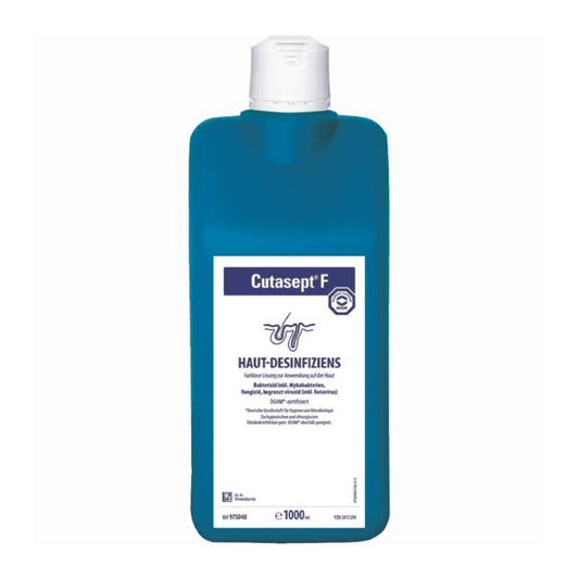 Eine Flasche Bode Cutasept® F Hautantiseptikum Hautdesinfektionsmittel auf Propanolbasis in einem türkisfarbenen Behälter mit weißem Etikett. Das Etikett enthält einen Text in Weiß und Blau, der das Produkt von Paul Hartmann AG beschreibt.