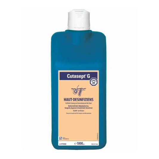 Eine blaue Flasche Bode Cutasept® G Hautdesinfektion, versehen mit einem weißen Verschluss und einem Etikett mit Produktinformationen und Logos in Blau und Orange. Der Behälter fasst 1000 ml Paul Hartmann AG.