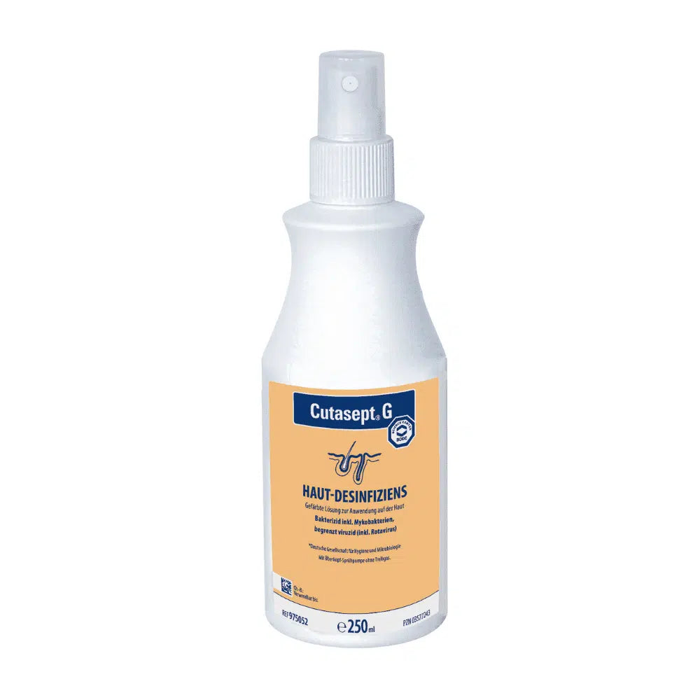 Eine Flasche Bode Cutasept® G Hautdesinfektion, ein Hautdesinfektionsspray zur präoperativen Anwendung, blau-weiß beschriftet, enthält 250ml der Lösung.