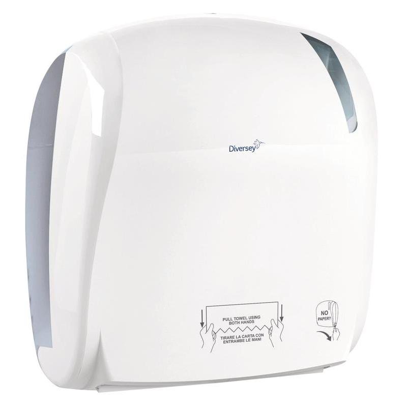 The white plastic towel roll dispenser—autocut by Diversey Deutschland GmbH & Co. OHG—offers hygienic paper dispensing, a semi-transparent viewing window, and clear instructions on the front for removing paper (371x330x221 mm).