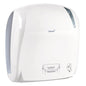 The white plastic towel roll dispenser—autocut by Diversey Deutschland GmbH & Co. OHG—offers hygienic paper dispensing, a semi-transparent viewing window, and clear instructions on the front for removing paper (371x330x221 mm).