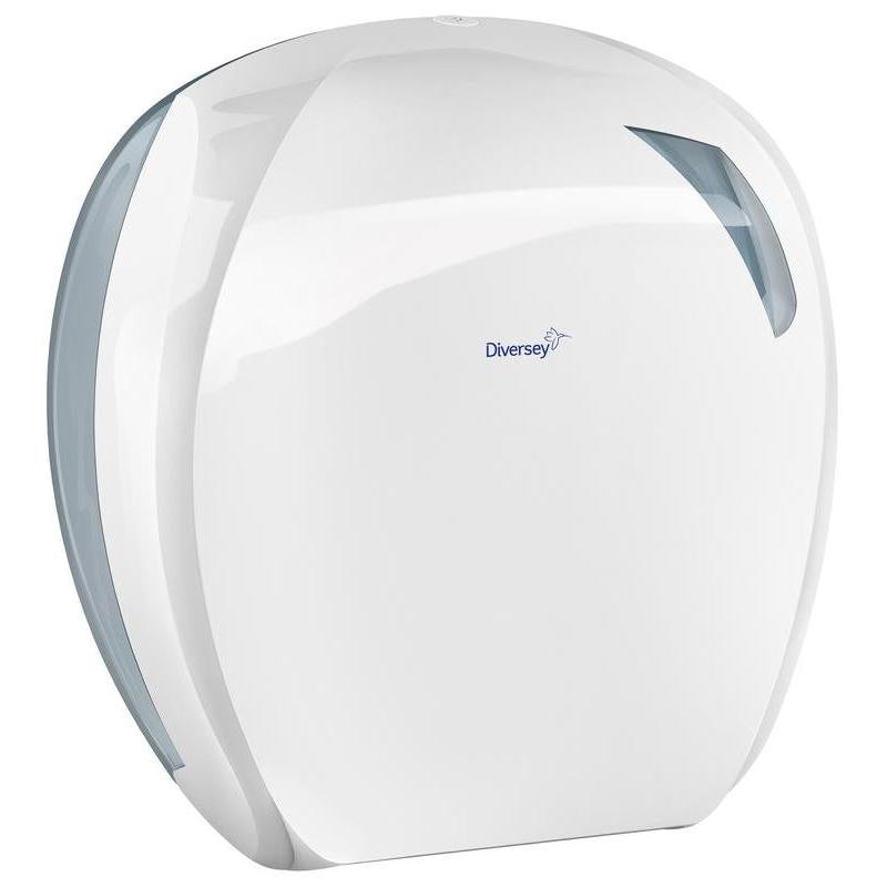 Der Toilettenpapier-Jumborollenhalter Maxi von Diversey Deutschland (weiß/transparent, Kunststoff, 355x348x136 mm) ist ein moderner Wandspender für Jumbo-Toilettenpapierrollen Maxi - praktisch und mit Sichtfenster, ideal für jede Toilette.