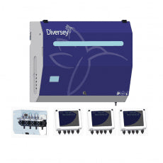 The DF10M (IoC) 6-Pump Main Unit from Diversey Deutschland GmbH & Co. OHG is a blue-gray, wall-mounted dosing system featuring a logo, control modules, and a component with four valves for up to 8 washing machines in laundries.
