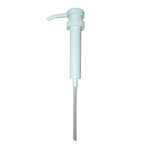 The Diversey Pelikan Pump for Oxivir Excel Canisters (20 ml, 1 piece) from Diversey Germany is a white plastic dispenser with a long dip tube for dispensing liquids such as soap, disinfectant, cleaning solution, or syrup.