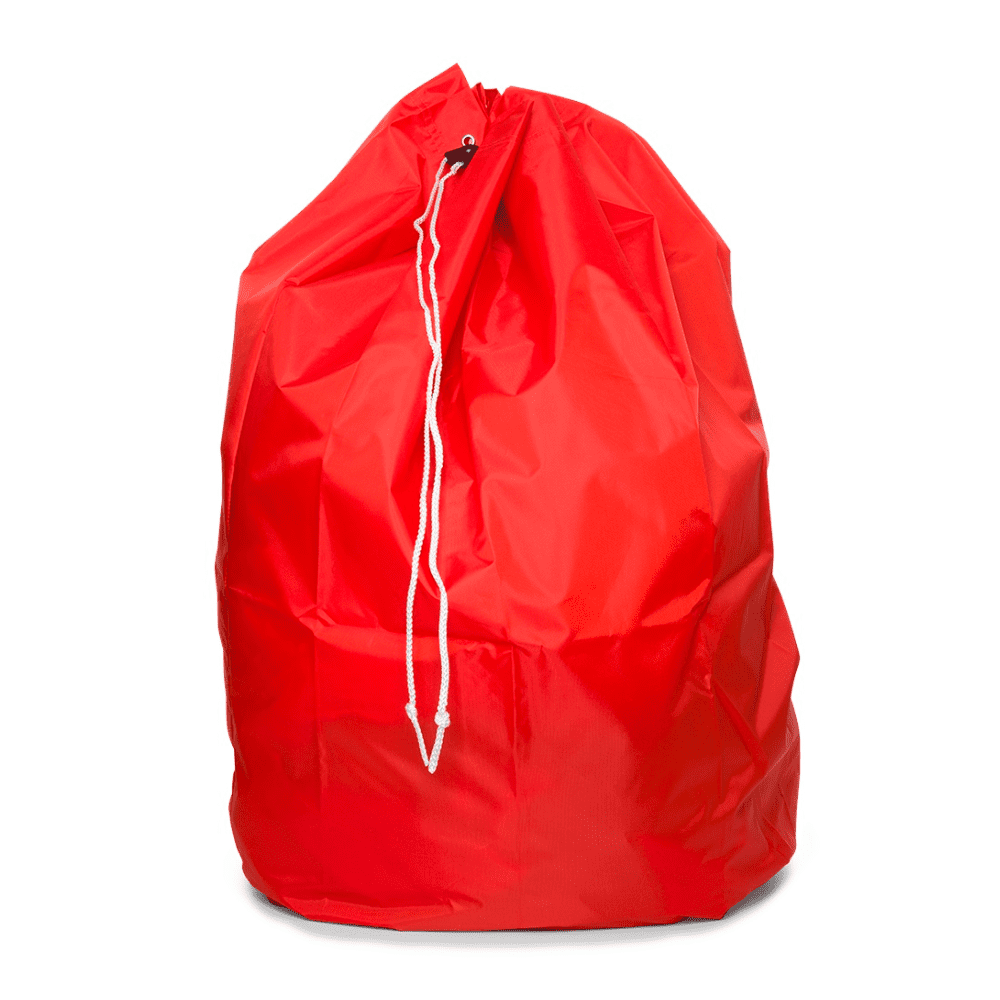 Ein leuchtend roter Sitzsack von Emil Deiss KG mit glänzender Textur und einem weißen DEISS Entsorgungssack mit PP-Kordel an der Oberseite, vollständig aufgeblasen und aufrecht auf einem weißen Hintergrund platziert.