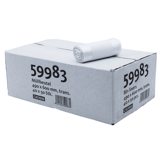 Ein Karton mit der Aufschrift „DEISS Müllbeutel aus HDPE, 59983, transparent – 30 Liter“ mit Barcode und einem Muster eines weißen Müllbeutels der Emil Deiss KG.