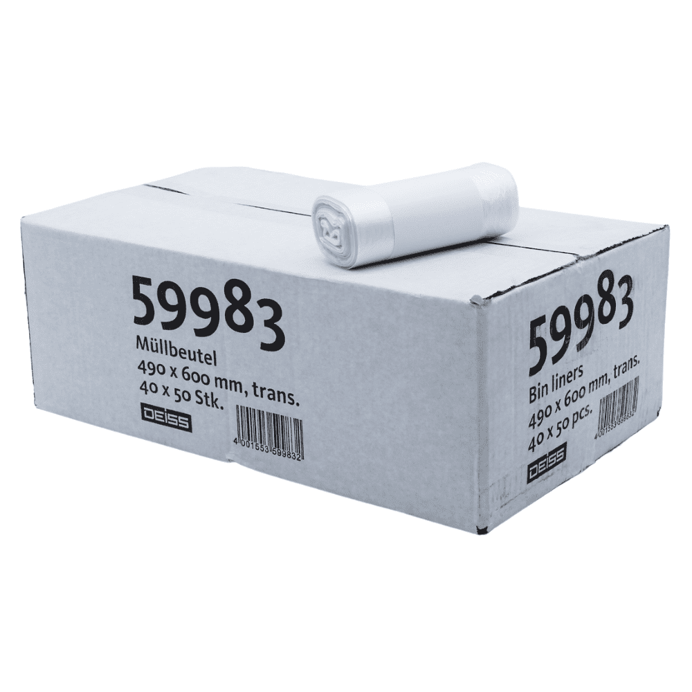 A carton from the company EMIL DEISS KG (GmbH + Co.) is labeled with the product code “59983” and contains DEISS garbage bags made of HDPE with a capacity of 30 liters and dimensions of 490 x 600 mm, which are packaged in packs of 40 rolls with 50 pieces each and marked with a barcode. On top of the carton lies a roll of white garbage bags.