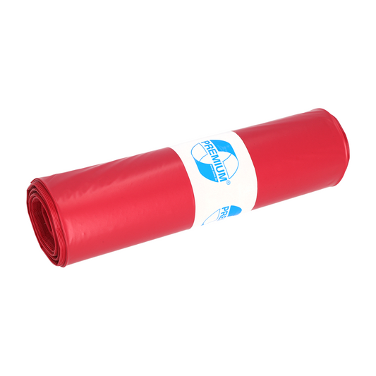 Rote aufgerollte DEISS Gymnastikmatte aus Recyclingmaterial mit weiß-blauem „Premium“-Label isoliert auf weißem Hintergrund.