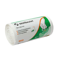 A roll of 80-liter DEISS First Plus® trash bags, manufactured by EMIL DEISS KG (GmbH + Co.), with green and orange labeling. The premium LDPE bags measure 630 x 850 mm and highlight features such as “extreme tear resistance” and “easy opening.”