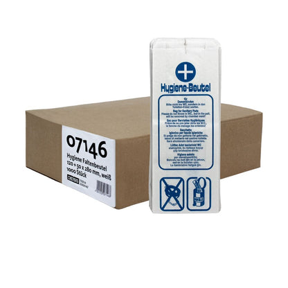The DEISS hygiene bag 07146 by EMIL DEISS KG (GmbH + Co.) is delivered in a box with 1000 hygiene bags. The white bags have dimensions of 120 x 320 mm and are provided with blue texts and symbols on the packaging, making them perfect for ladies' toilets.