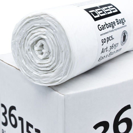 Eine Rolle weißer Müllsäcke mit der Aufschrift „Emil Deiss KG LDPE Müllsäcke 80 Liter, 36151“ liegt auf einem beschrifteten Karton. Sie ist teilweise entrollt, so dass die Endfalten der darin befindlichen Säcke zu sehen sind.