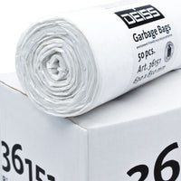 On top of a white box lies a roll of white trash bags labeled “50 pieces.” They are made of eco-friendly recycled LDPE and bear the brand name “EMIL DEISS KG (GmbH + Co.)”. These DEISS LDPE 80-liter trash bags, product number 36151, offer a sustainable solution for waste management.