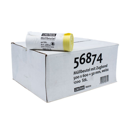 Ein Karton mit der Aufschrift "56874" enthält Rollen weißer Emil Deiss KG DEISS Müllbeutel 56874 30 Liter mit Zugband, spezifiziert als 500 x 600 + 50 mm groß, mit einem