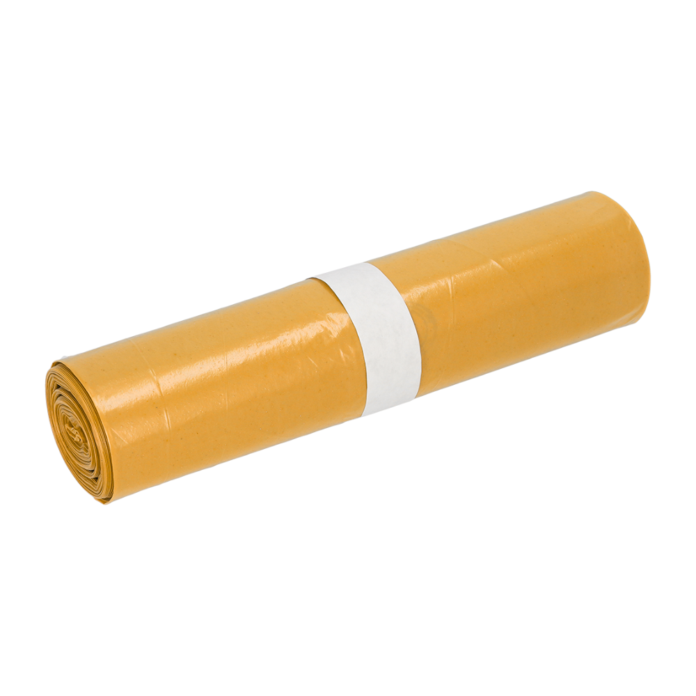 A roll of yellow DEISS garbage bags from EMIL DEISS KG (GmbH + Co.), made from sustainable recycled LDPE, with a white paper band in the middle.