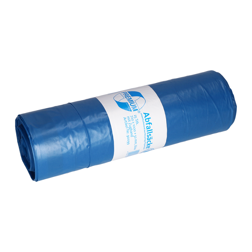 A rolled-up DEISS PREMIUM® Type 80 garbage bag with a drawstring from EMIL DEISS KG (GmbH + Co.) made of recycled material, featuring a white label with text and graphics highlighting its impressive puncture and tear resistance.