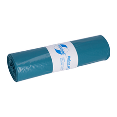 Against a simple white background rests a roll of blue DEISS Premium LDPE trash bags from EMIL DEISS KG (GmbH + Co.), featuring a white label that displays the logo and highlights the product’s top-notch quality.