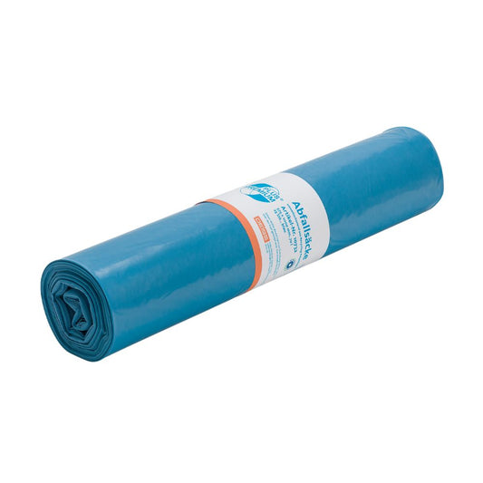 Eine Rolle DEISS Premium Plus® 70 Liter Müllsack blau 10732 von Emil Deiss KG auf schlichtem weißem Untergrund. Die Sackrolle ist mit Produktinformationen und Branding in Orange und Weiß beschriftet und als „klimaneutral“ gekennzeichnet.