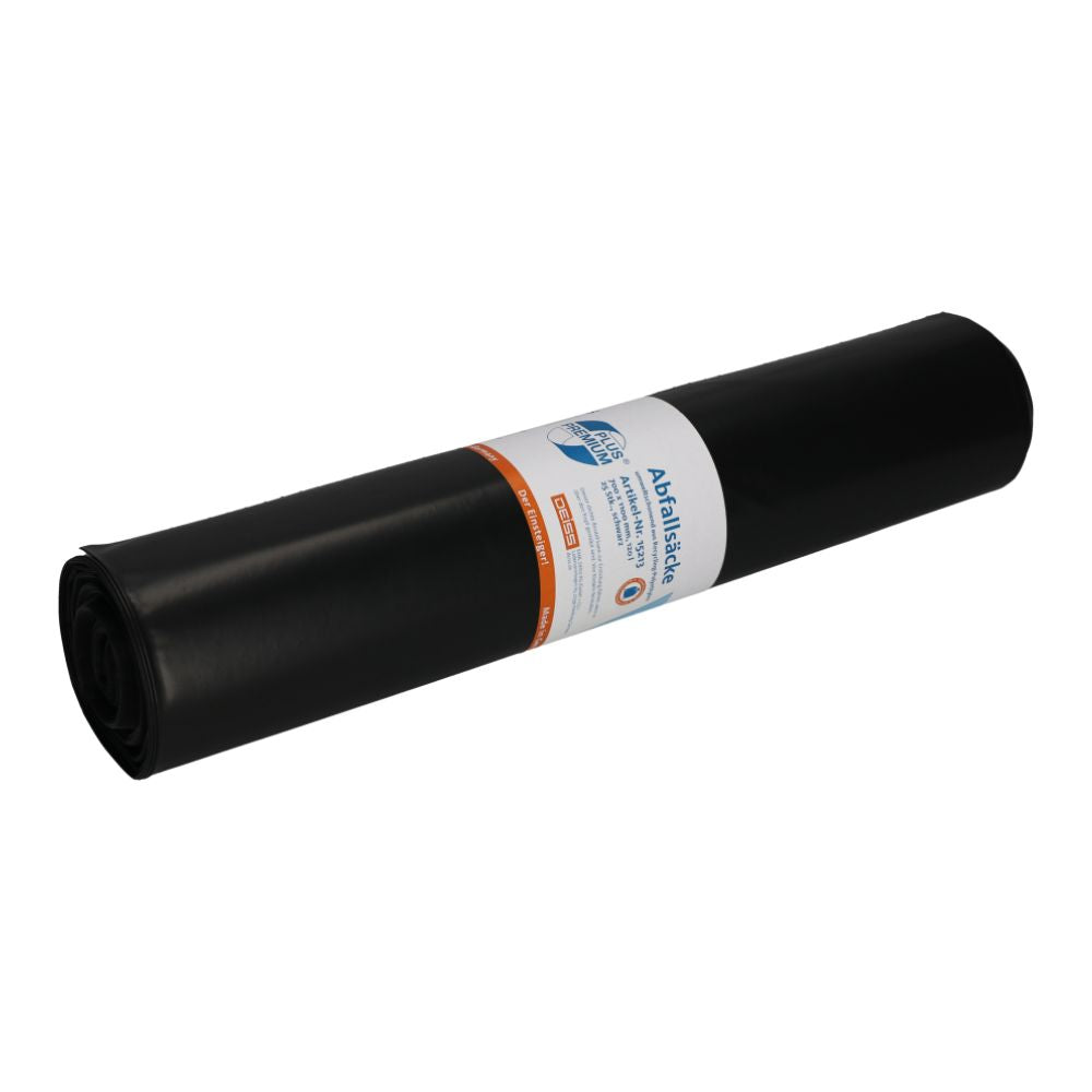 Eine Rolle DEISS Premium Plus® Abfallsäcke Typ 60, 15213, 120 Liter schwarz mit einem weiß-orangefarbenen „Emil Deiss KG“-Etikett auf weißem Hintergrund. Das Etikett enthält Produktinformationen und Markenzeichen.