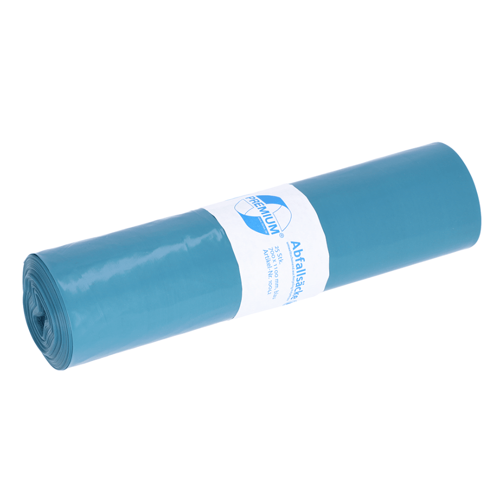 Eine kompakte Rolle blauer Müllsäcke aus Recyclingmaterial von EMIL DEISS KG (GmbH + Co.). Jeder Sack hat in der Mitte ein weißes Etikett mit Text und Logo und ist für ein Fassungsvermögen von bis zu 120 Litern Abfall ausgelegt.