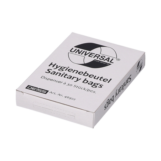 Eine weiße Box mit der Aufschrift „DEISS Universal Hygienebeutel aus HDPE, 46922 | Packung (25 Boxen)“ mit einer Kapazität von 30 Stück. Die für Damenhygiene gefertigte Box trägt den Text „Art.-Nr.: 46922“ und den Markennamen „Emil Deiss KG“.