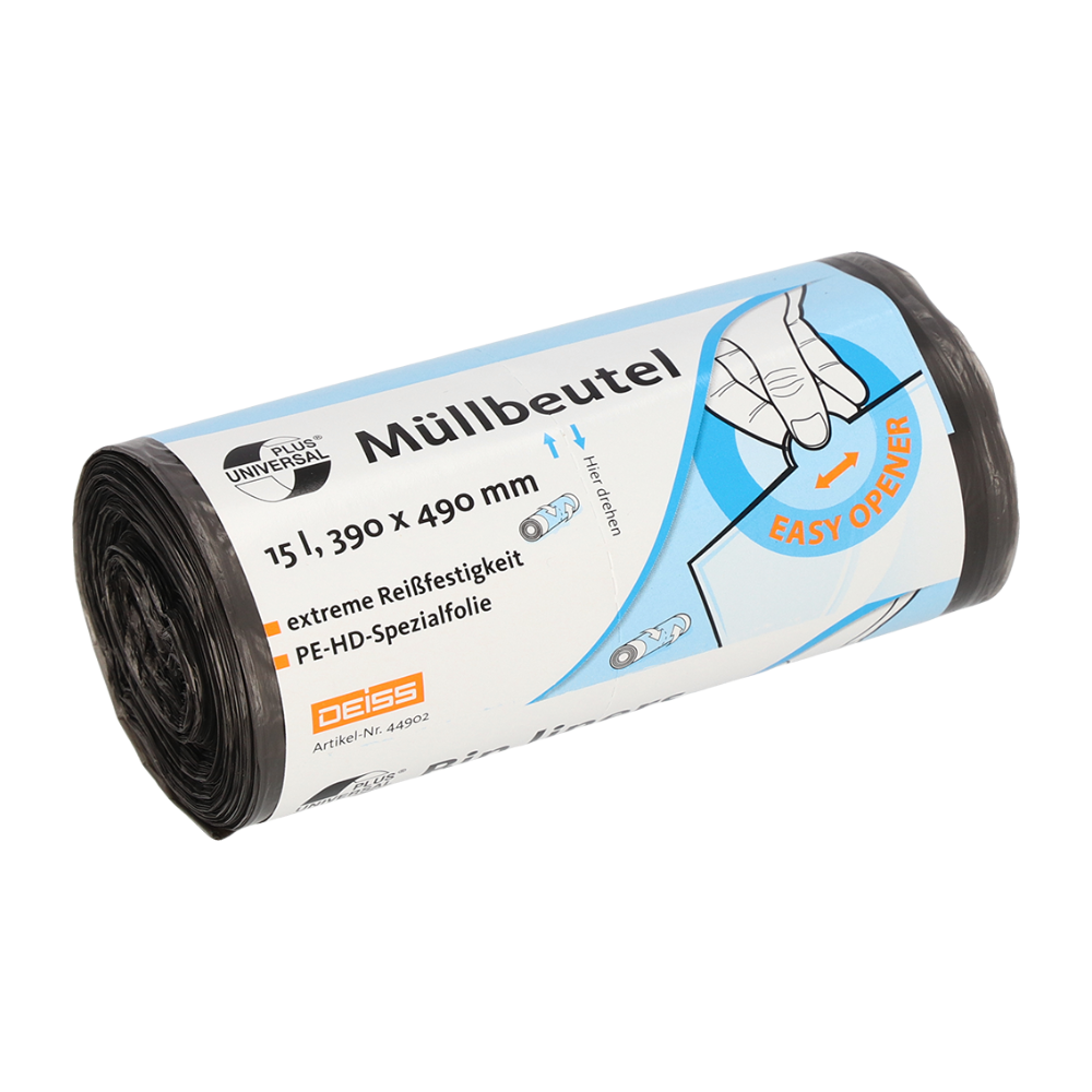 Präsentiert wird eine Rolle schwarzer Müllbeutel mit der Aufschrift „Müllbeutel“, deren Maße 15 Liter und 390 x 490 mm betragen. Hervorzuheben sind die Reißfest-Funktion und der blaue „Easy Opener“. Markendetails wie EMIL DEISS KG (GmbH + Co.) und DEISS Universal Plus® sowie weitere Produktinformationen sind prominent platziert.