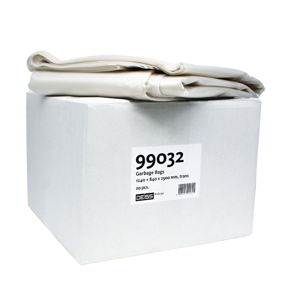 Ein Karton mit der Aufschrift „DEISS Wertstoffsammelsack 99032“, in dem sich ein Stapel transparenter Plastiktüten befindet. Laut Aufschrift enthält der Karton 120 Stück der 80×90 cm großen, durchsichtigen Tüten.