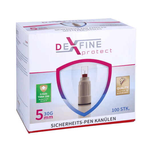 Eine Schachtel IME-DC DEXFINE Protect Sicherheits-Pen Kanülen für subkutane Injektion, die 100 Einheiten 5 mg Sicherheits-Pen-Nadeln enthält. Die Verpackung hebt Qualität hervor und