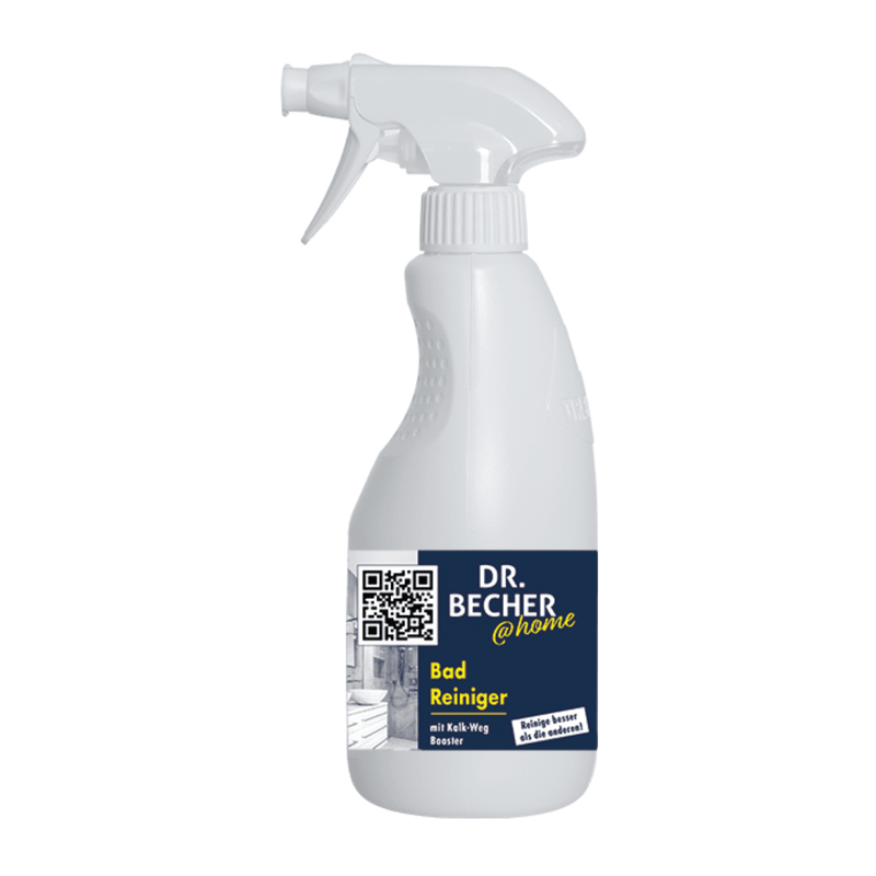 A white spray bottle labeled “DR.BECHER @home "Bathroom Cleaner | Bottle (500 ml)" with a dark blue and yellow label. The label features a QR code, a picture of a bathroom, and text in German indicating that it is a highly effective bathroom cleaner for removing limescale and water stains. The bottle has a spray nozzle that Dr. Becher GmbH.