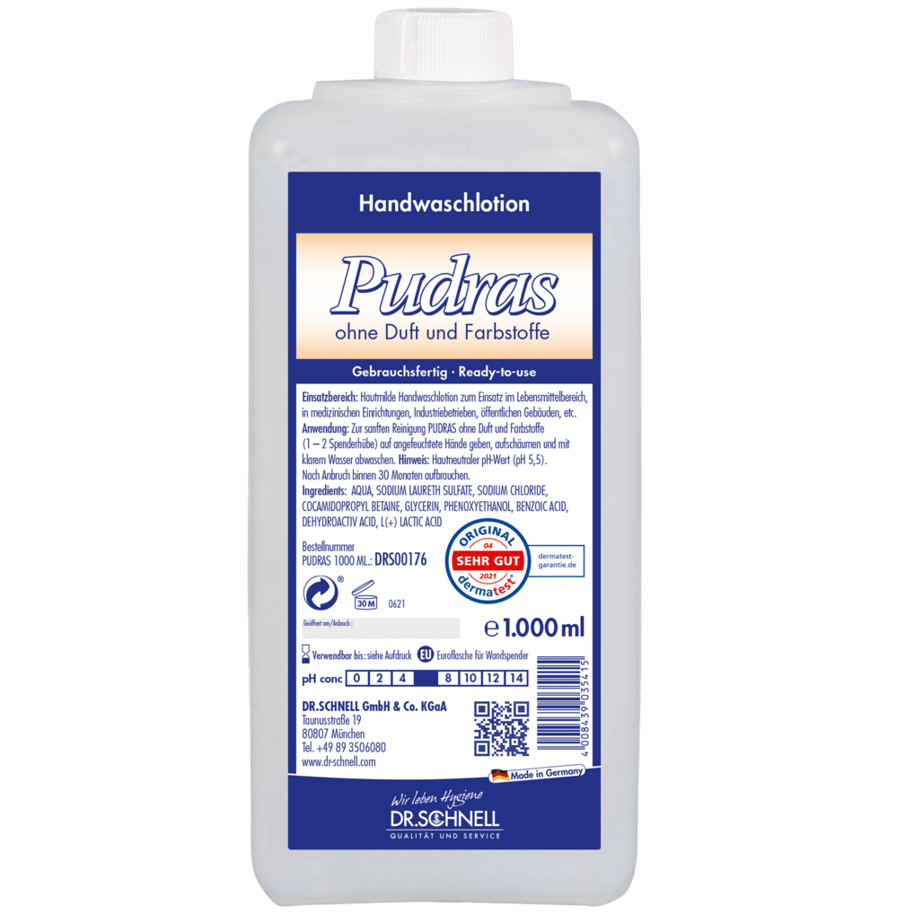 Eine 1.000 ml Plastikflasche Dr. Schnell PUDRAS ohne Duft und Farbstoffe Handwaschmittel von DR.SCHNELL GmbH & Co. KGaA, mit blau-weißem Etikett, Produktinformation, Gebrauchsanweisung, Zertifizierungen und hypoallergener Formel für empfindliche Haut.