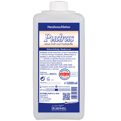 Eine 1.000 ml Plastikflasche Dr. Schnell PUDRAS ohne Duft und Farbstoffe Handwaschmittel von DR.SCHNELL GmbH & Co. KGaA, mit blau-weißem Etikett, Produktinformation, Gebrauchsanweisung, Zertifizierungen und hypoallergener Formel für empfindliche Haut.