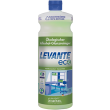 Eine Flasche Dr. Schnell LEVANTE ECO der DR.SCHNELL GmbH & Co. KGaA, mit grünem Etikett und blauem Verschluss, zeigt Bilder eines sauberen Büros. Die hochkonzentrierte Formel wird aus recyceltem Kunststoff hergestellt und sorgt für eine umweltfreundliche Reinigung.