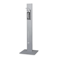The Dr. Schumacher Desipoint | Piece (1 piece) from Dr. Schumacher GmbH is a tall, rectangular hand sanitizer dispenser with a metallic finish on a flat, square base, ideal for hygienic disinfectants and surface cleaning on a plain white background.
