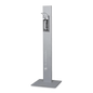 The Dr. Schumacher Desipoint | Piece (1 piece) from Dr. Schumacher GmbH is a tall, rectangular hand sanitizer dispenser with a metallic finish on a flat, square base, ideal for hygienic disinfectants and surface cleaning on a plain white background.
