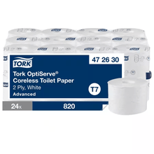 Tork OptiServe coreless toilet paper, 2-ply, white, system T7, 24 rolls of 820 sheets