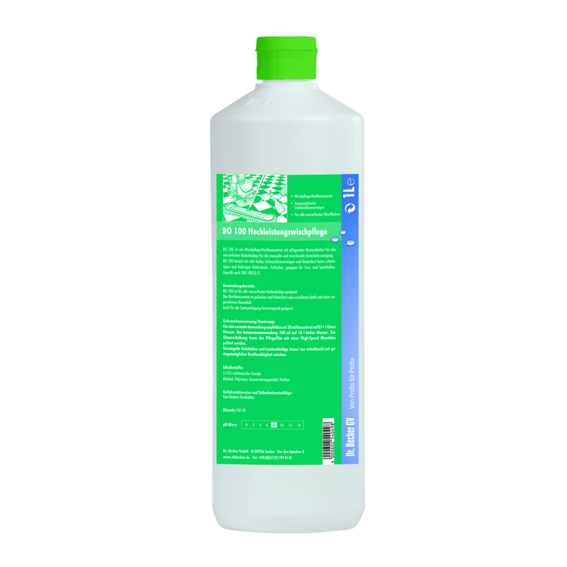 Eine Plastikflasche mit grünem Deckel und einem Etikett in deutscher Sprache mit dem Hinweis „Dr. Becher BO 100 Hochleistungswischpflege“, das darauf schließen lässt, dass es sich um ein Hochleistungsreinigungsmittel handelt. Das Etikett enthält einen grünen Text der Dr. Becher GmbH.
