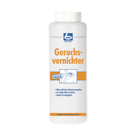 Ein weißer Behälter mit der deutschen Aufschrift „Dr. Becher Geruchsvernichter“ der Dr. Becher GmbH, mit Text und Symbolen, die auf die Verwendung als mineralbasiertes Geruchsbeseitigungspulver hinweisen, das auch Feuchtigkeit absorbiert.