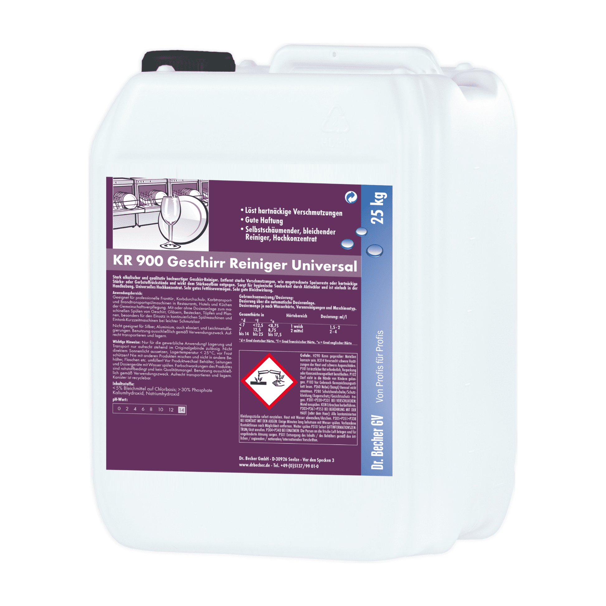Ein großer weißer Plastikkanister mit einem violett-weißen Etikett mit Anweisungen und einem Gefahrensymbol, gekennzeichnet für das Reinigungsprodukt Dr. Becher KR 900 Geschirr Reiniger Universal.