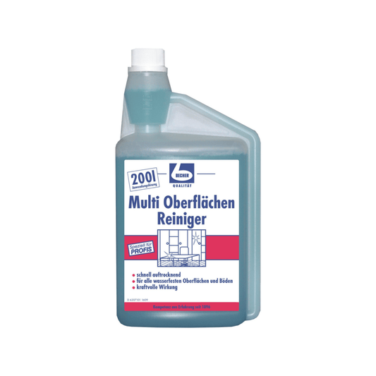 Eine Plastikflasche mit Dr. Becher Multi OberflächenRein - 1 Liter, einem Mehrflächenreiniger. Das Etikett ist blau und weiß und zeigt den Produktnamen, Anwendungsdiagramme und Text in Deutsch.