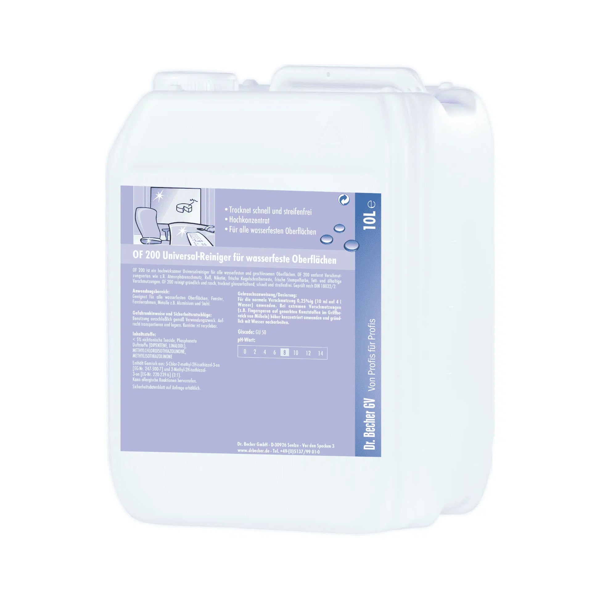 Ein weißer Kunststoffbehälter für Dr. Becher OF 200 Universal-Reiniger für wasserfeste Oberflächen mit einem Etikett, das Gebrauchsanweisungen und Sicherheitshinweise in deutscher Sprache enthält. Der Behälter hat einen Griff zum einfachen Tragen.