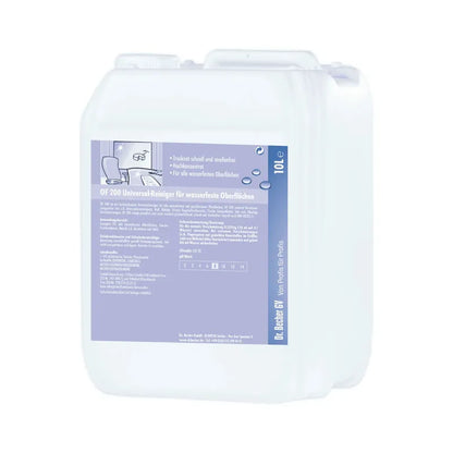 A white plastic container for Dr. Becher OF 200 universal cleaner for waterproof surfaces with a label containing instructions for use and safety information in German. The container has a handle for easy carrying.